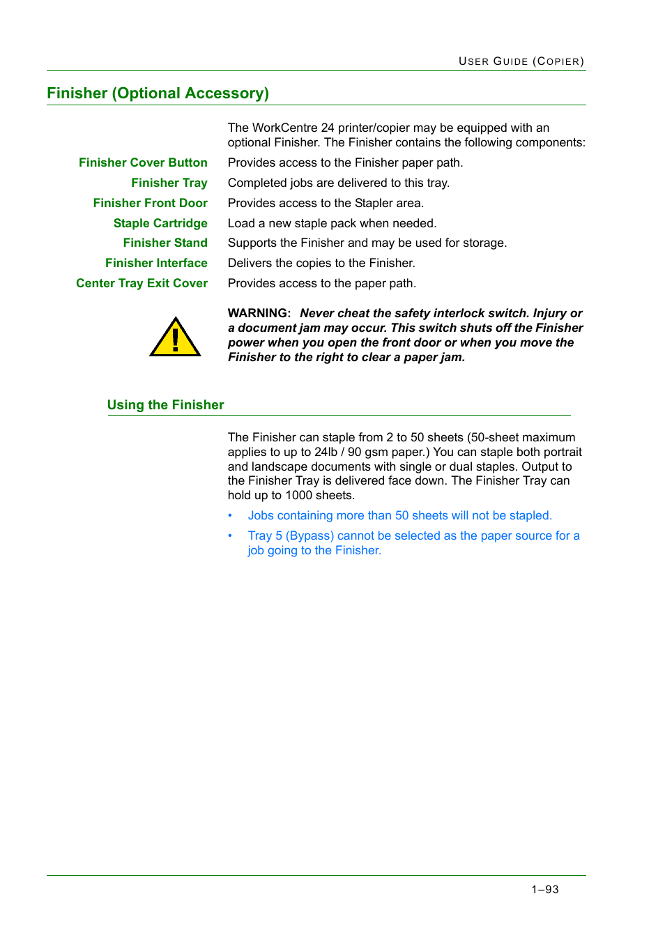 Finisher (optional accessory), Using the finisher, Finisher (optional accessory) 1-93 | Using the finisher 1-93, Finisher (optional accessory) 93, Using the finisher 93 | Xerox WorkCentre M24-2780 User Manual | Page 135 / 441