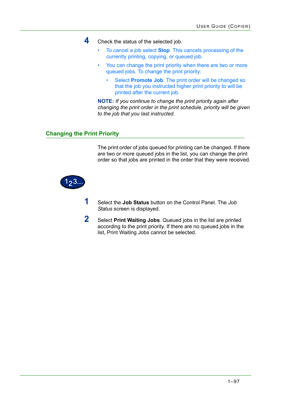 Changing the print priority, Changing the print priority 1-97, Changing the print priority 97 | Xerox WorkCentre M24-2780 User Manual | Page 139 / 441