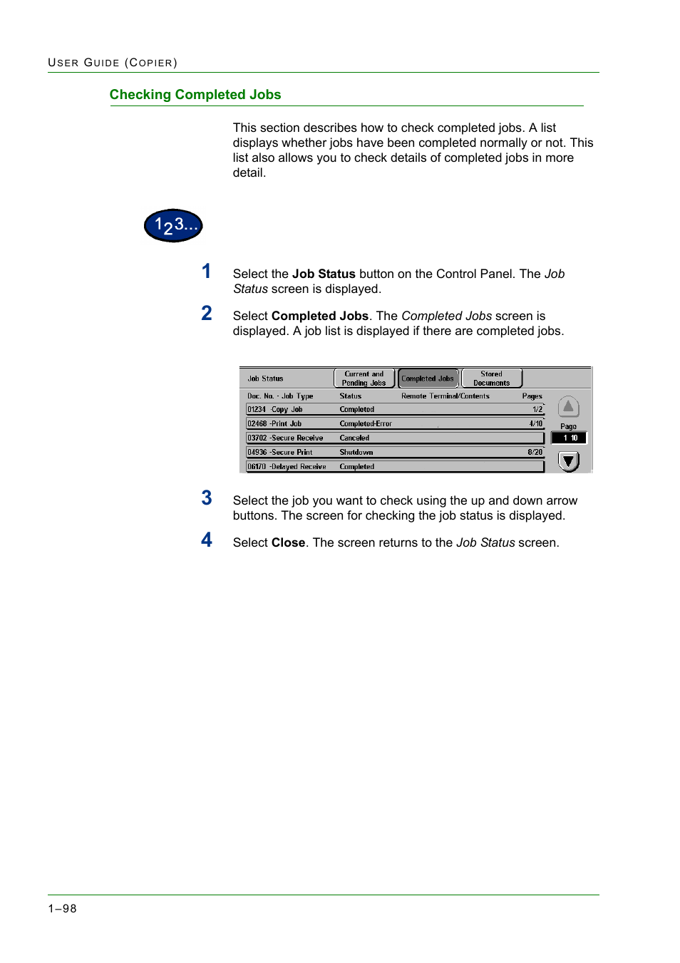 Checking completed jobs, Checking completed jobs 1-98, Checking completed jobs 98 | Xerox WorkCentre M24-2780 User Manual | Page 140 / 441