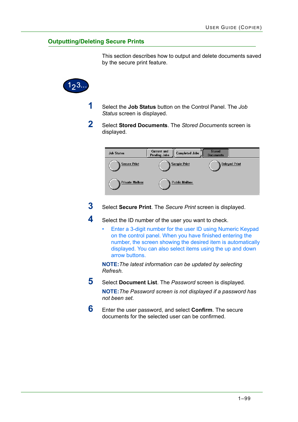 Outputting/deleting secure prints, Outputting/deleting secure prints 1-99, Outputting/deleting secure prints 99 | Xerox WorkCentre M24-2780 User Manual | Page 141 / 441