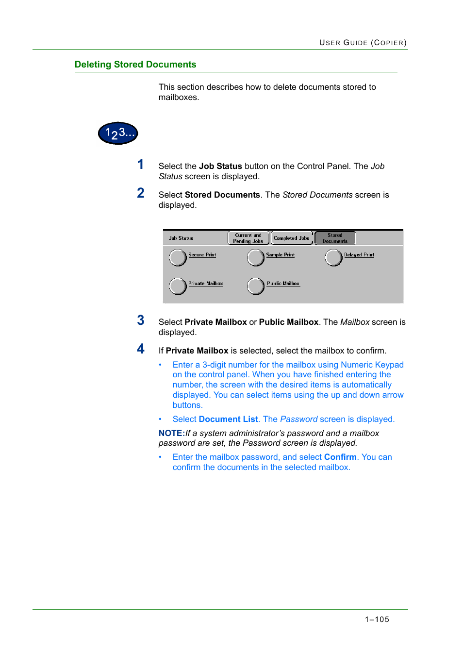 Deleting stored documents, Deleting stored documents 1-105, Deleting stored documents 105 | Xerox WorkCentre M24-2780 User Manual | Page 147 / 441