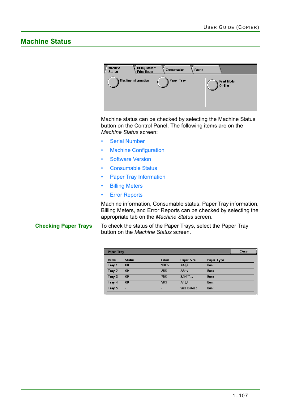 Machine status, Machine status 1-107, Machine status 107 | Xerox WorkCentre M24-2780 User Manual | Page 149 / 441