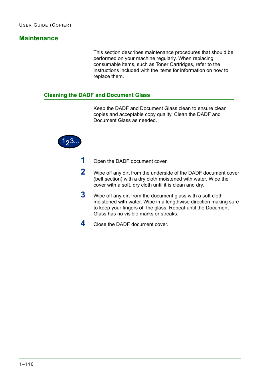 Maintenance, Cleaning the dadf and document glass, Maintenance 1-110 | Cleaning the dadf and document glass 1-110, Maintenance 110, Cleaning the dadf and document glass 110 | Xerox WorkCentre M24-2780 User Manual | Page 152 / 441