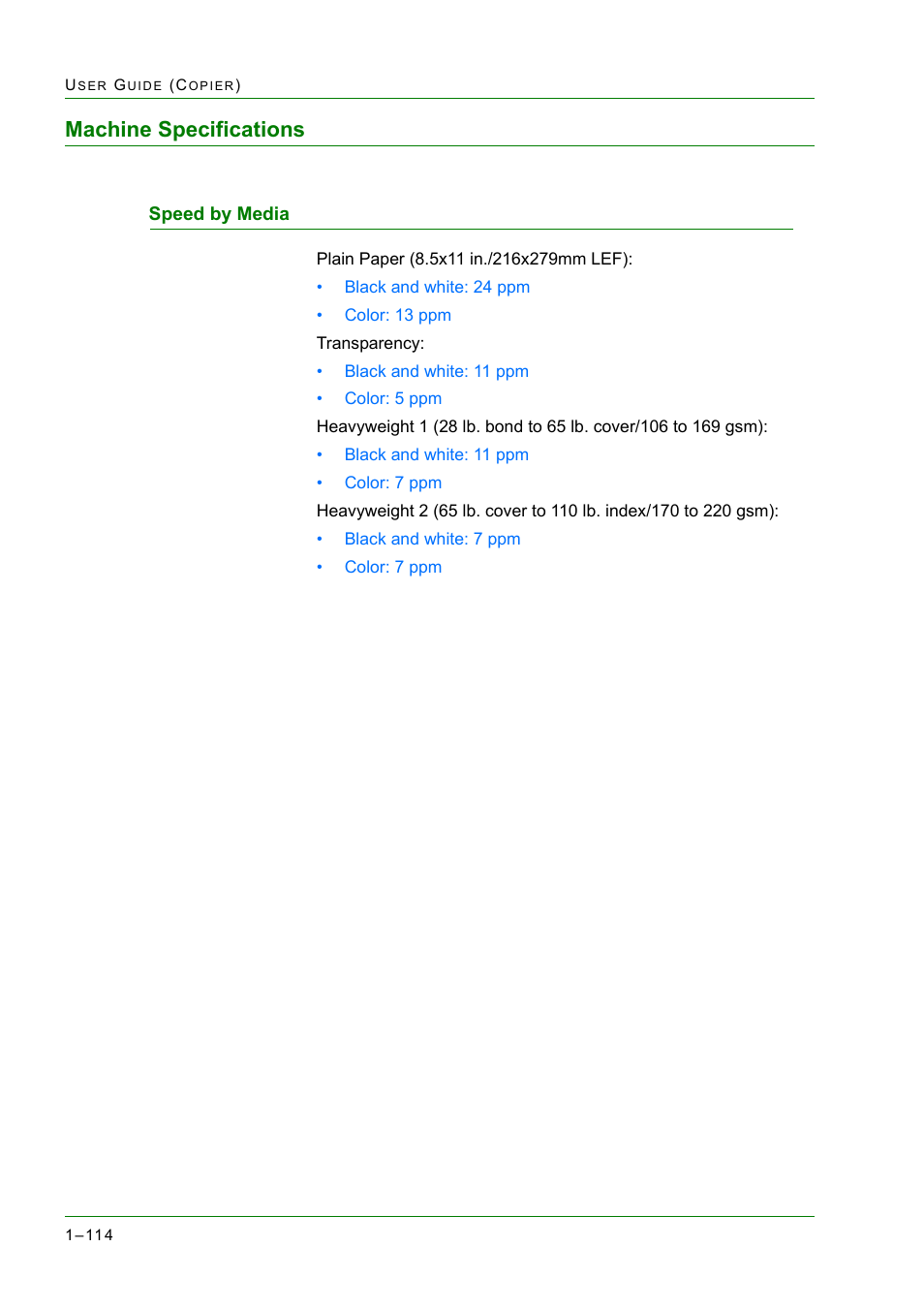 Machine specifications, Speed by media, Machine specifications 1-114 | Speed by media 1-114, Machine specifications 114, Speed by media 114 | Xerox WorkCentre M24-2780 User Manual | Page 156 / 441