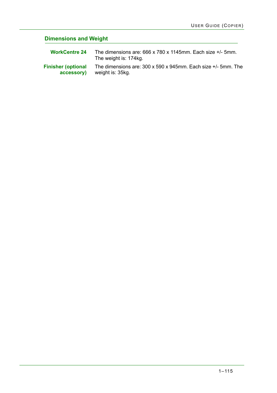 Dimensions and weight, Dimensions and weight 1-115, Dimensions and weight 115 | Xerox WorkCentre M24-2780 User Manual | Page 157 / 441