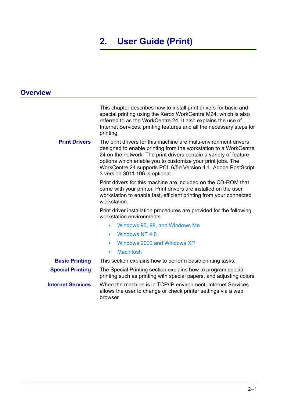 User guide (print), Overview, User guide (print) 2-1 | Overview 2-1, Overview 1 | Xerox WorkCentre M24-2780 User Manual | Page 165 / 441