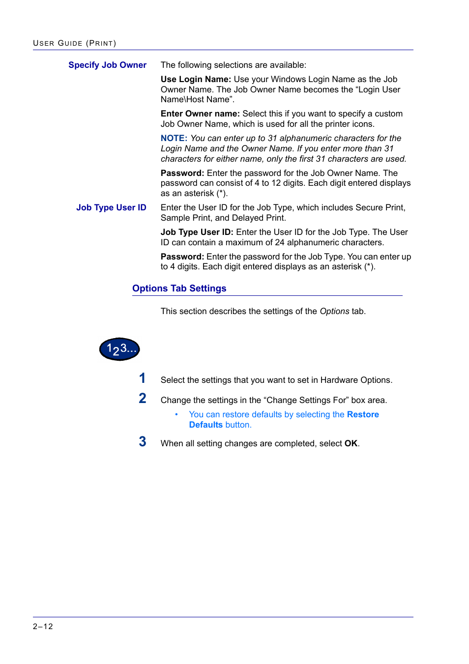 Options tab settings, Options tab settings 2-12, Options tab settings 12 | Xerox WorkCentre M24-2780 User Manual | Page 176 / 441