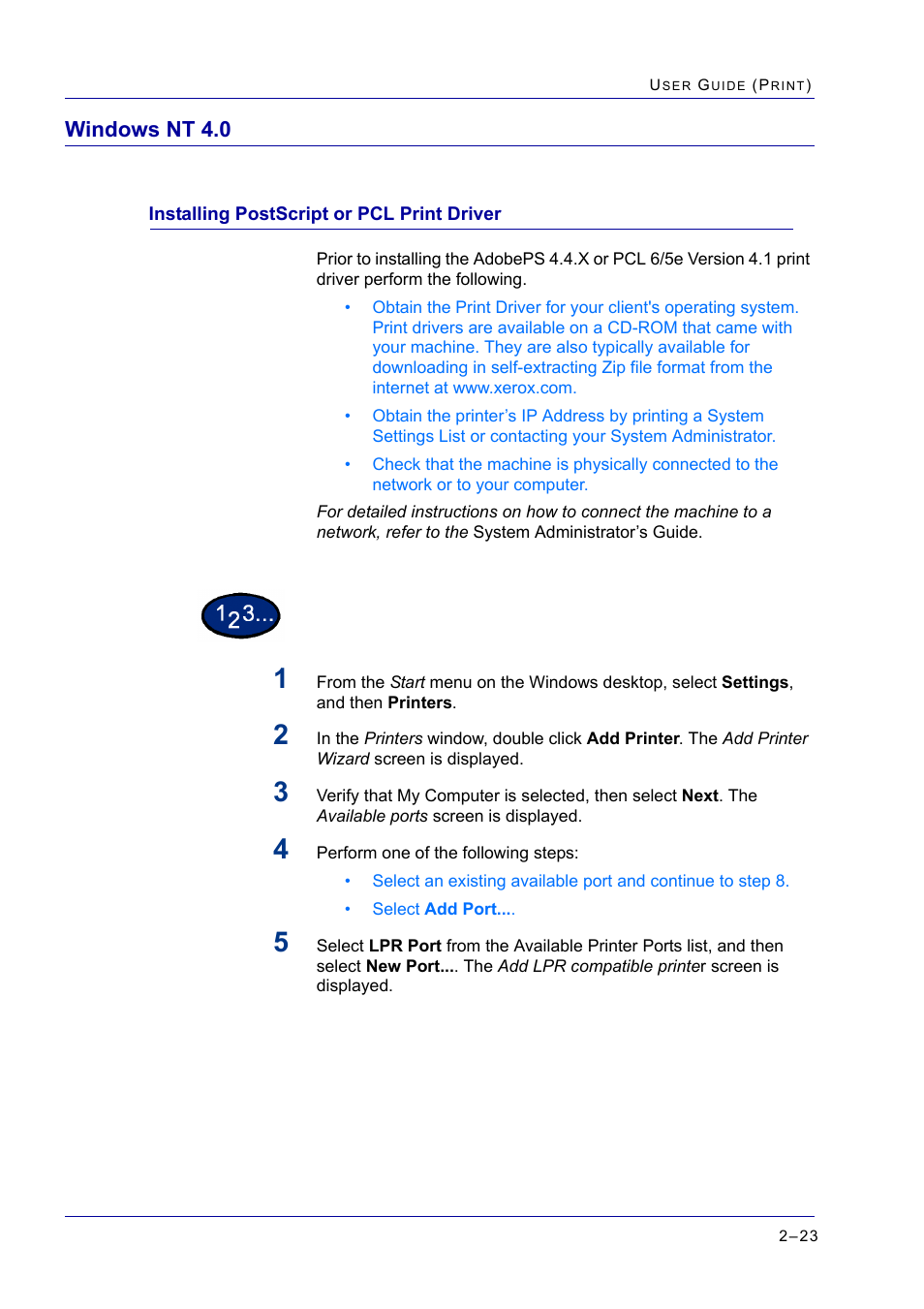 Windows nt 4.0, Installing postscript or pcl print driver, Windows nt 4.0 2-23 | Installing postscript or pcl print driver 2-23, Windows nt 4.0 23, Installing postscript or pcl print driver 23 | Xerox WorkCentre M24-2780 User Manual | Page 187 / 441