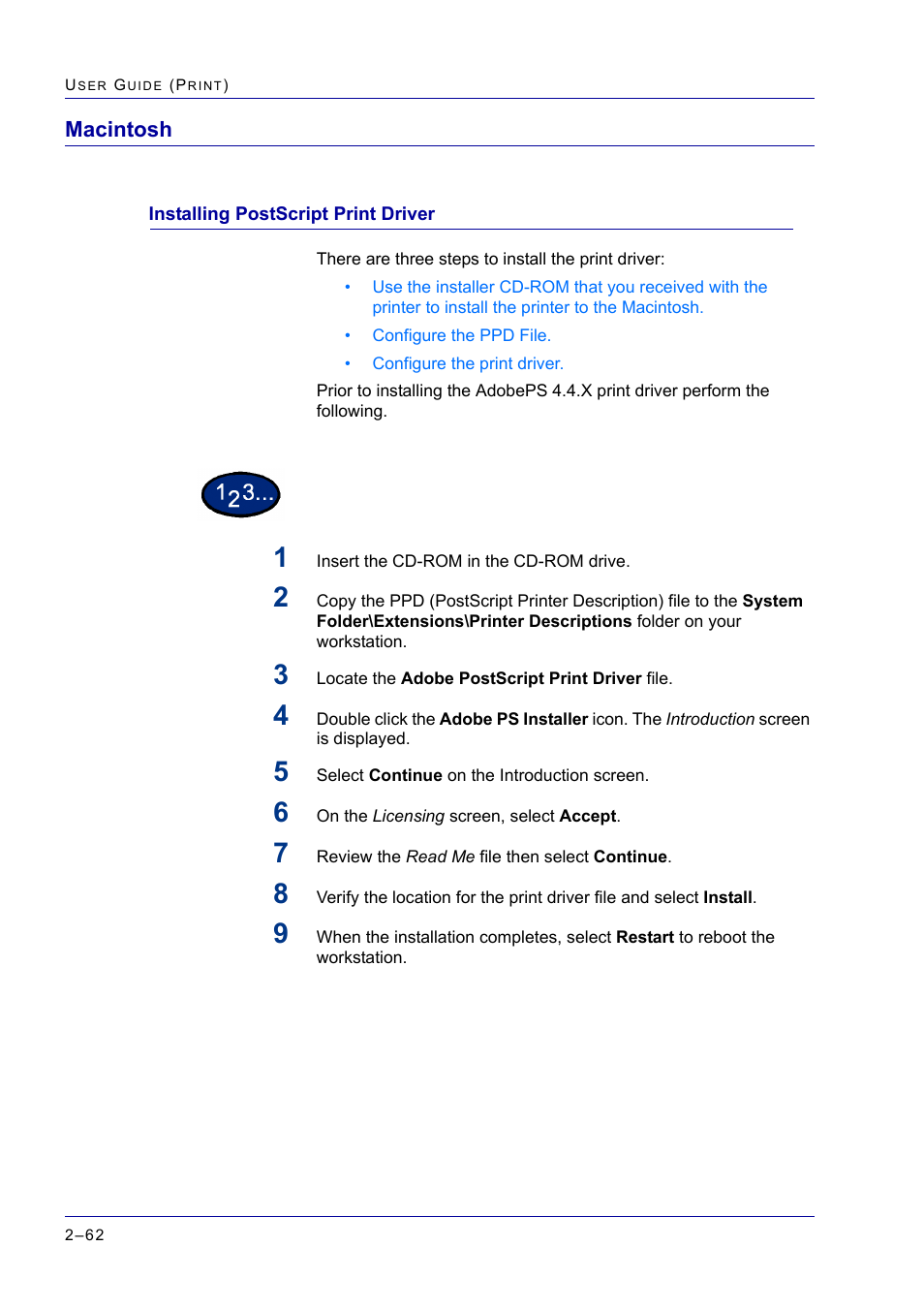 Macintosh, Installing postscript print driver, Macintosh 2-62 | Installing postscript print driver 2-62, Macintosh 62, Installing postscript print driver 62 | Xerox WorkCentre M24-2780 User Manual | Page 226 / 441
