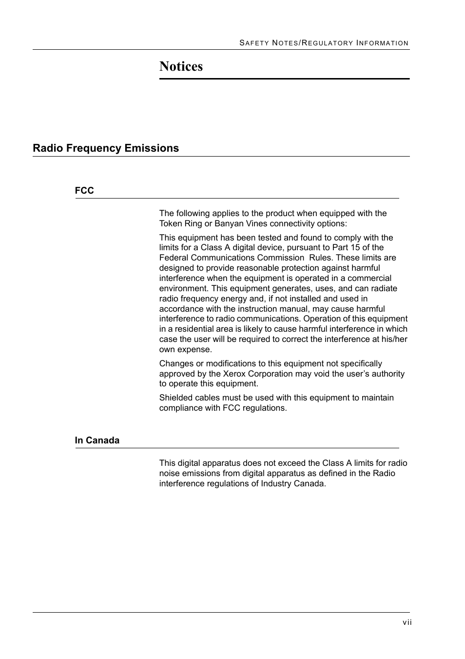 Radio frequency emissions, In canada, Notices | Xerox WorkCentre M24-2780 User Manual | Page 23 / 441