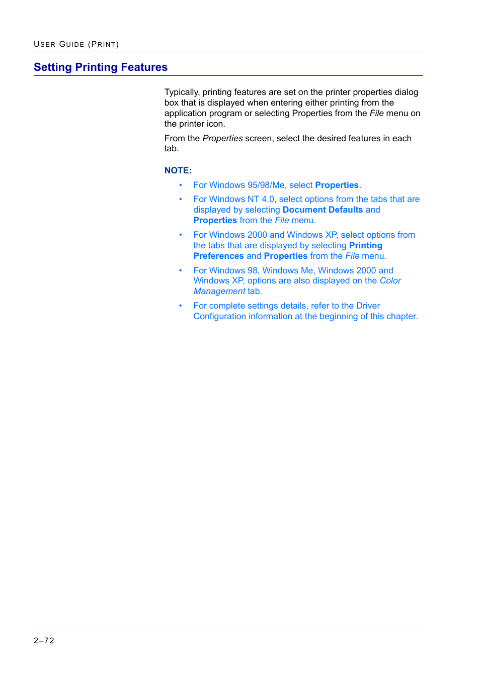 Setting printing features, Setting printing features 2-72, Setting printing features 72 | Xerox WorkCentre M24-2780 User Manual | Page 236 / 441