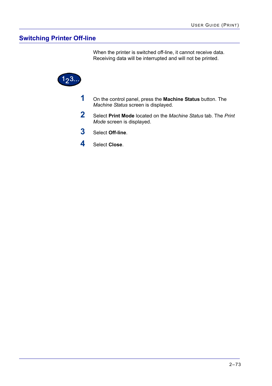 Switching printer off-line, Switching printer off-line 2-73, Switching printer off-line 73 | At the printer 105 | Xerox WorkCentre M24-2780 User Manual | Page 237 / 441