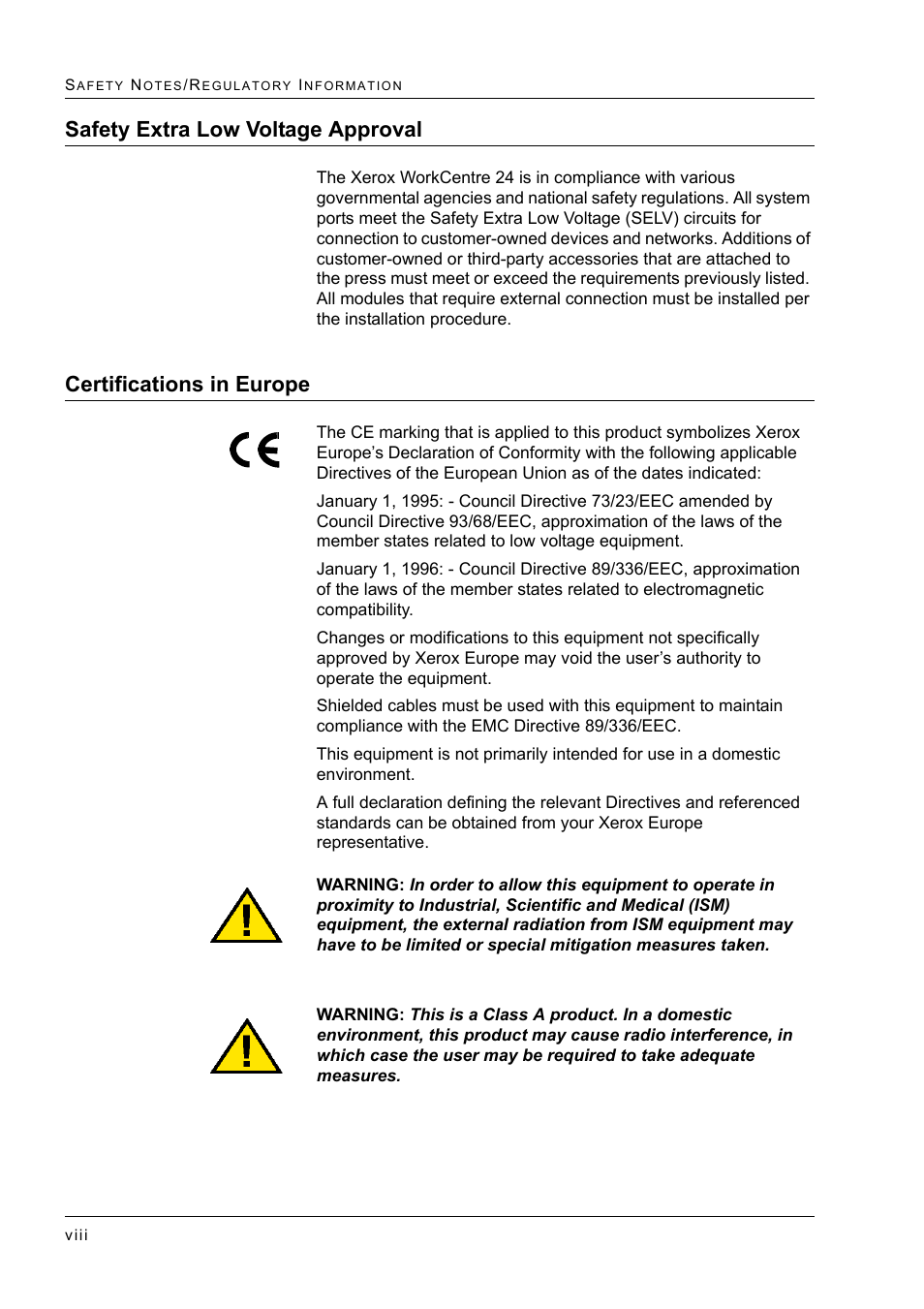 Safety extra low voltage approval, Certifications in europe | Xerox WorkCentre M24-2780 User Manual | Page 24 / 441