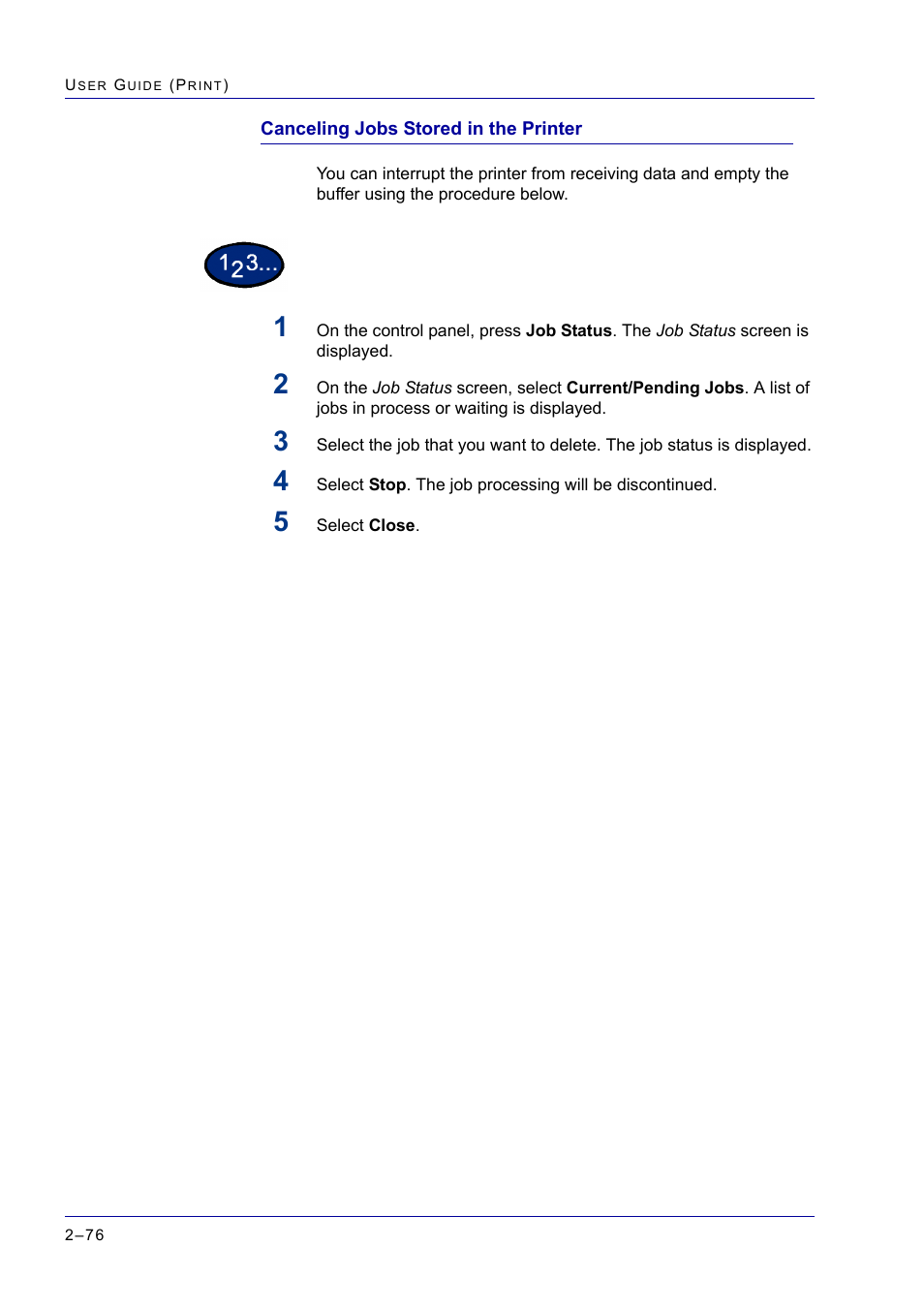 Canceling jobs stored in the printer, Canceling jobs stored in the printer 2-76, Canceling jobs stored in the printer 76 | Xerox WorkCentre M24-2780 User Manual | Page 240 / 441