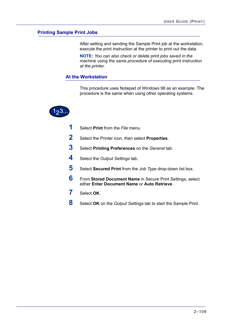 Printing sample print jobs, At the workstation, Printing sample print jobs 2-109 | At the workstation 2-109, Printing sample print jobs 109, At the workstation 109 | Xerox WorkCentre M24-2780 User Manual | Page 273 / 441