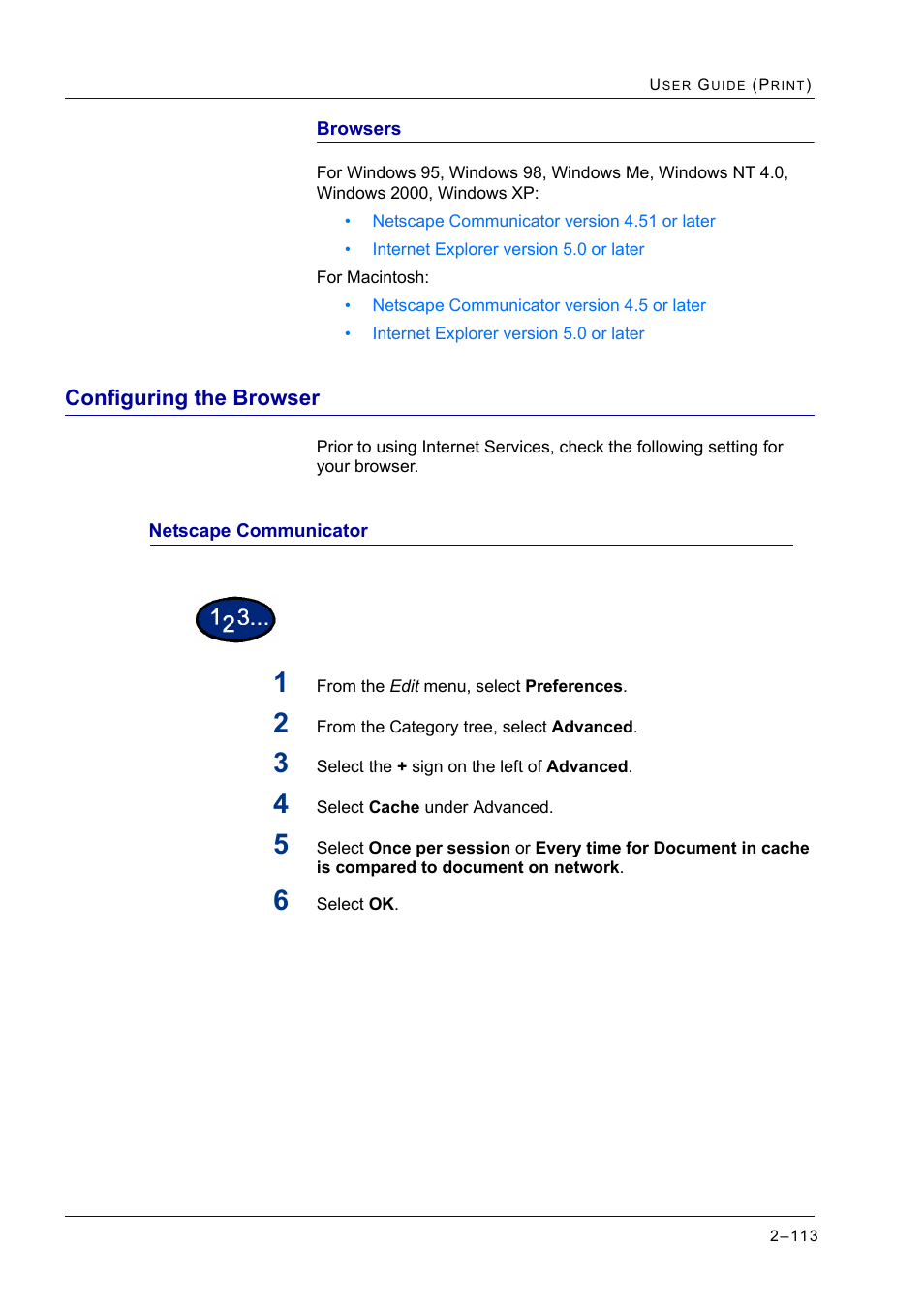 Configuring the browser, Netscape communicator, Configuring the browser 2-113 | Netscape communicator 2-113, Configuring the browser 113, Netscape communicator 113 | Xerox WorkCentre M24-2780 User Manual | Page 277 / 441