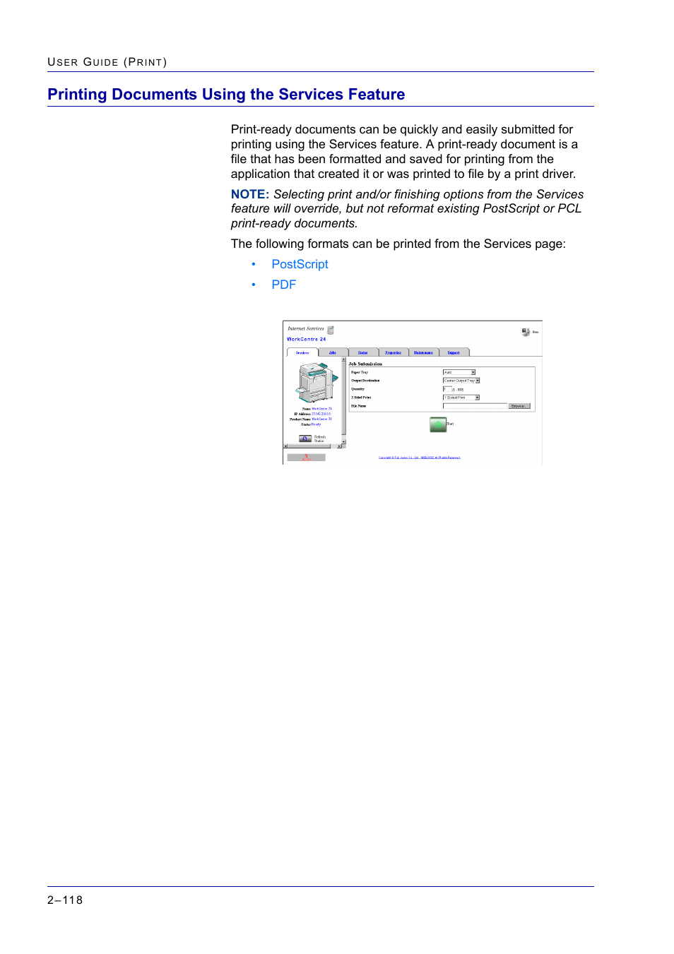 Printing documents using the services feature, Printing documents using the services feature 118 | Xerox WorkCentre M24-2780 User Manual | Page 282 / 441