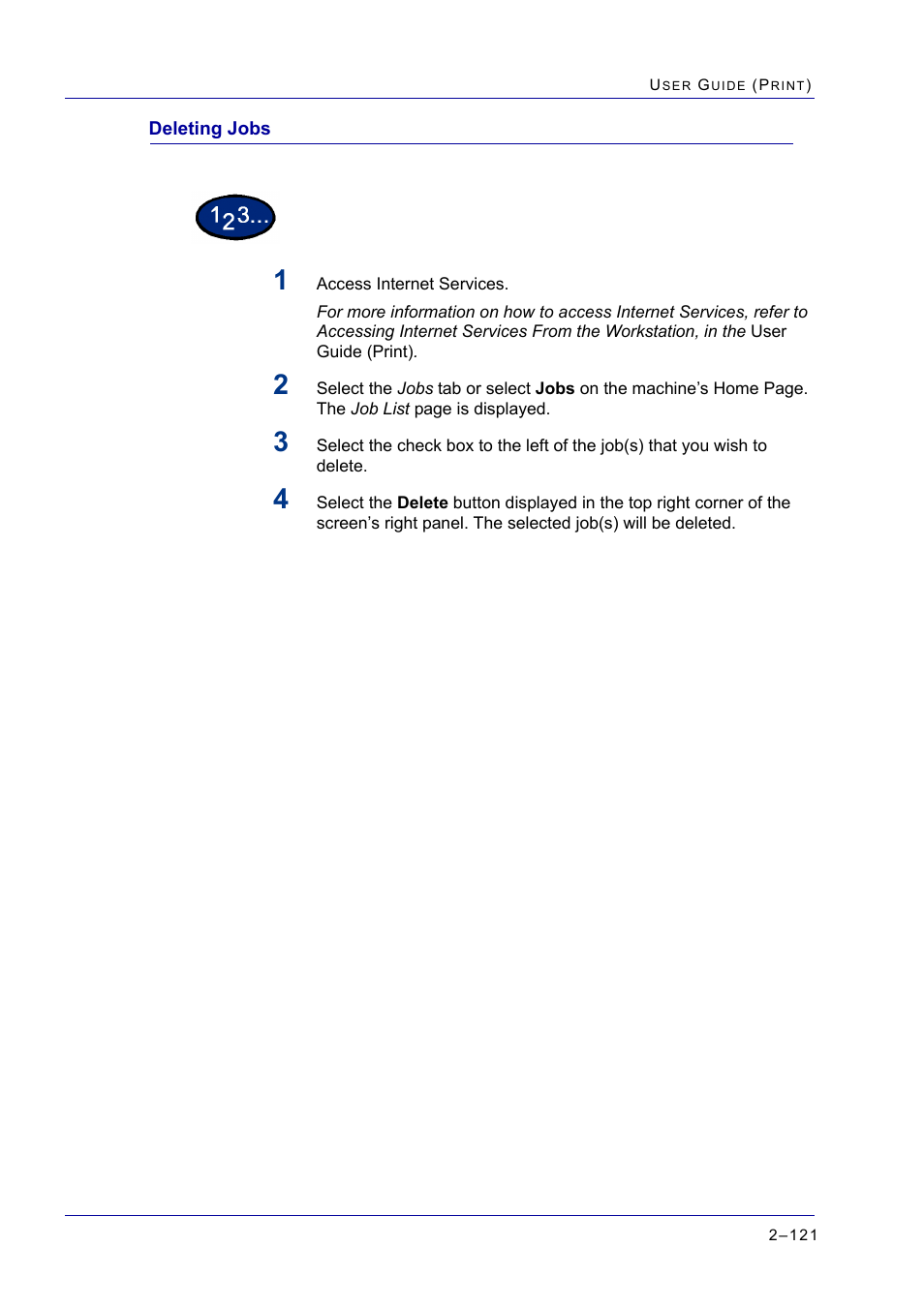 Deleting jobs, Deleting jobs 2-121, Deleting jobs 121 | Xerox WorkCentre M24-2780 User Manual | Page 285 / 441