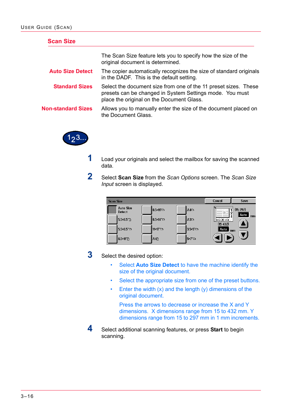 Scan size, Scan size 3-16, Scan size 16 | Xerox WorkCentre M24-2780 User Manual | Page 306 / 441