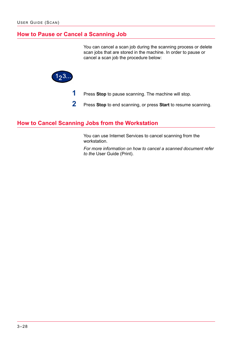 How to pause or cancel a scanning job, How to cancel scanning jobs from the workstation, How to pause or cancel a scanning job 3-28 | How to pause or cancel a scanning job 28 | Xerox WorkCentre M24-2780 User Manual | Page 318 / 441