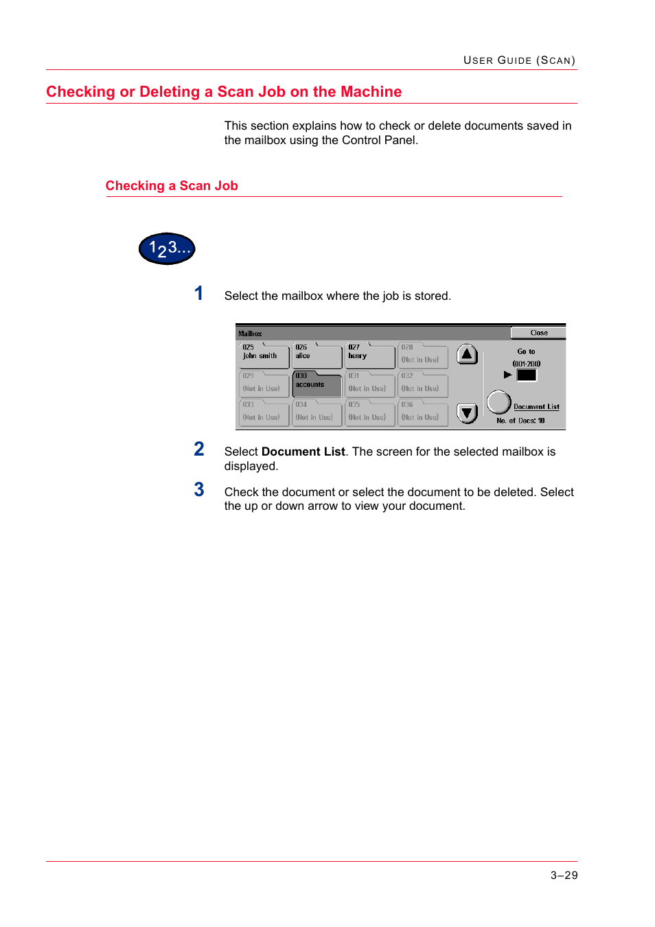 Checking or deleting a scan job on the machine, Checking a scan job, Checking a scan job 3-29 | Checking or deleting a scan job on the machine 29, Checking a scan job 29 | Xerox WorkCentre M24-2780 User Manual | Page 319 / 441