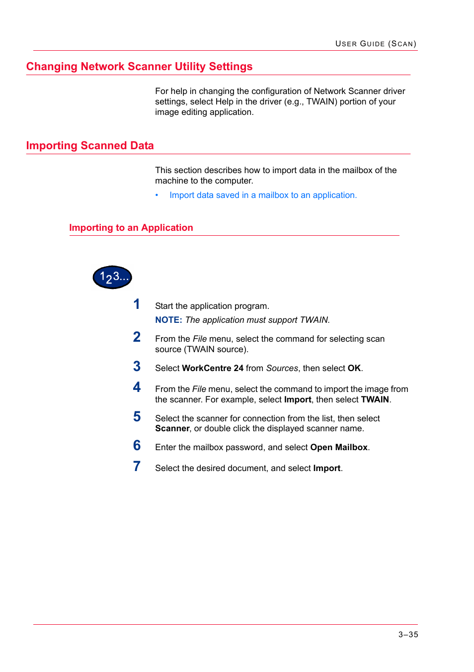 Changing network scanner utility settings, Importing scanned data, Importing to an application | Changing network scanner utility settings 3-35, Importing scanned data 3-35, Importing to an application 3-35, Changing network scanner utility settings 35, Importing scanned data 35, Importing to an application 35 | Xerox WorkCentre M24-2780 User Manual | Page 325 / 441