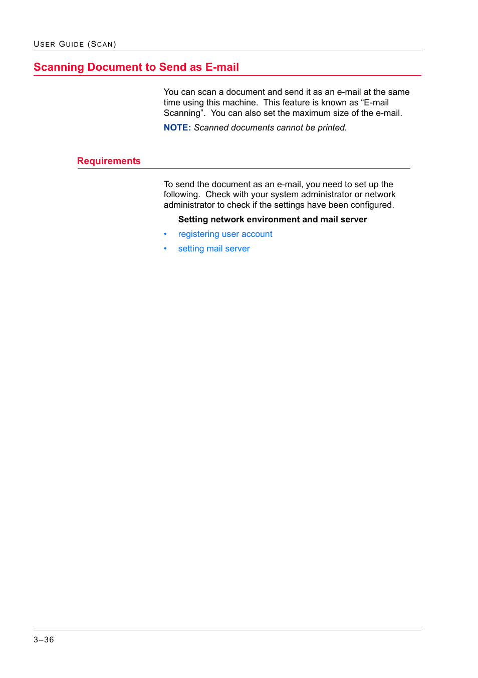 Scanning document to send as e-mail, Requirements, Scanning document to send as e-mail 3-36 | Requirements 3-36, Scanning document to send as e-mail 36, Requirements 36 | Xerox WorkCentre M24-2780 User Manual | Page 326 / 441