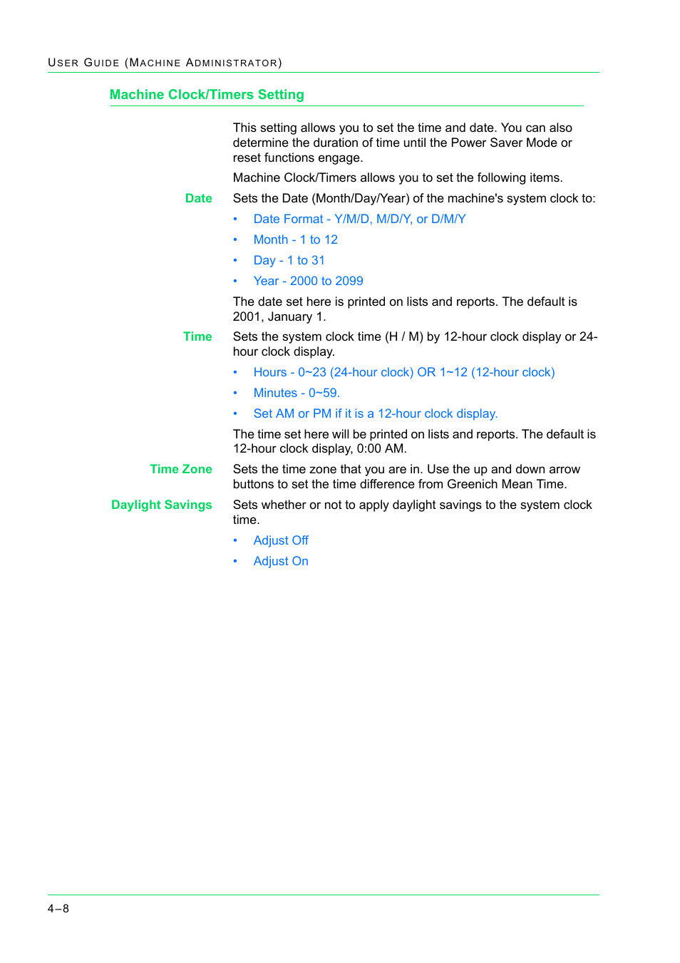 Machine clock/timers setting, Machine clock/timers setting 4-8, Machine clock/timers setting 8 | Xerox WorkCentre M24-2780 User Manual | Page 342 / 441