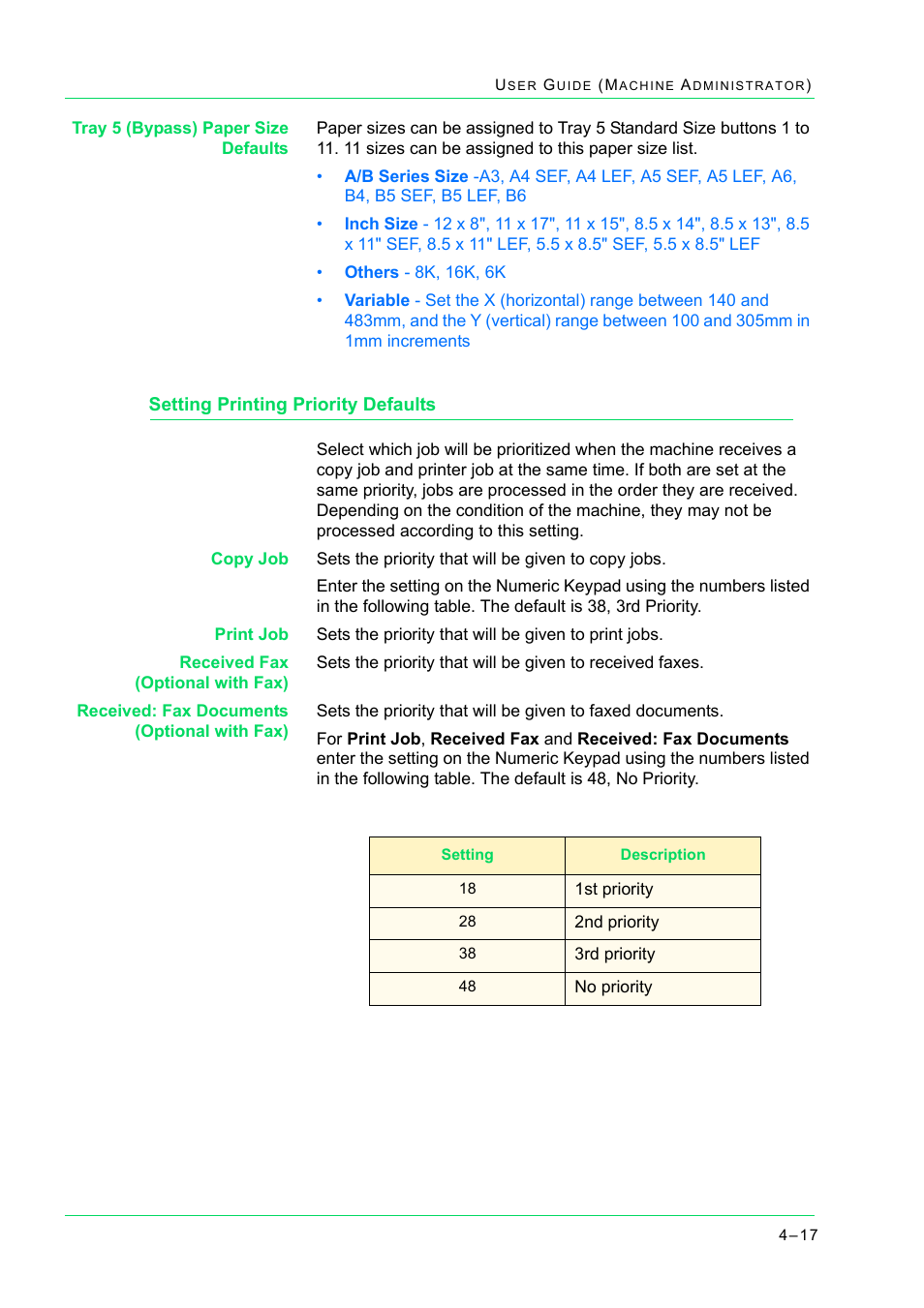 Setting printing priority defaults, Setting printing priority defaults 4-17, Setting printing priority defaults 17 | Xerox WorkCentre M24-2780 User Manual | Page 351 / 441