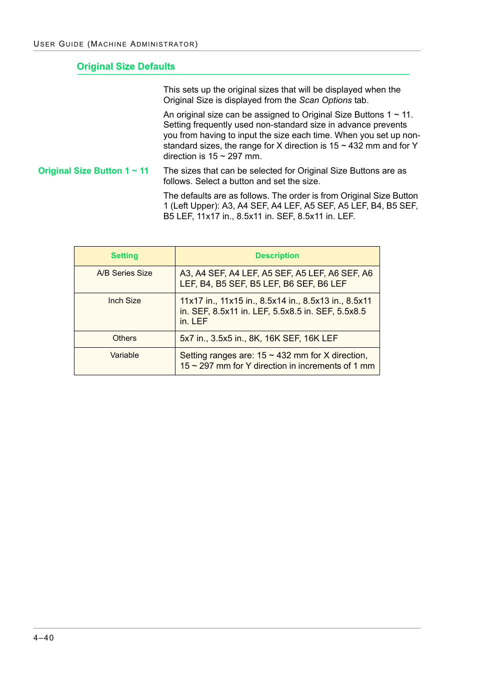 Original size defaults, Original size defaults 4-40, Original size defaults 40 | Xerox WorkCentre M24-2780 User Manual | Page 374 / 441