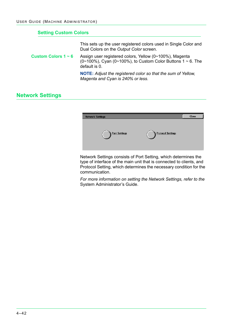 Setting custom colors, Network settings, Setting custom colors 4-42 | Network settings 4-42, Setting custom colors 42, Network settings 42 | Xerox WorkCentre M24-2780 User Manual | Page 376 / 441