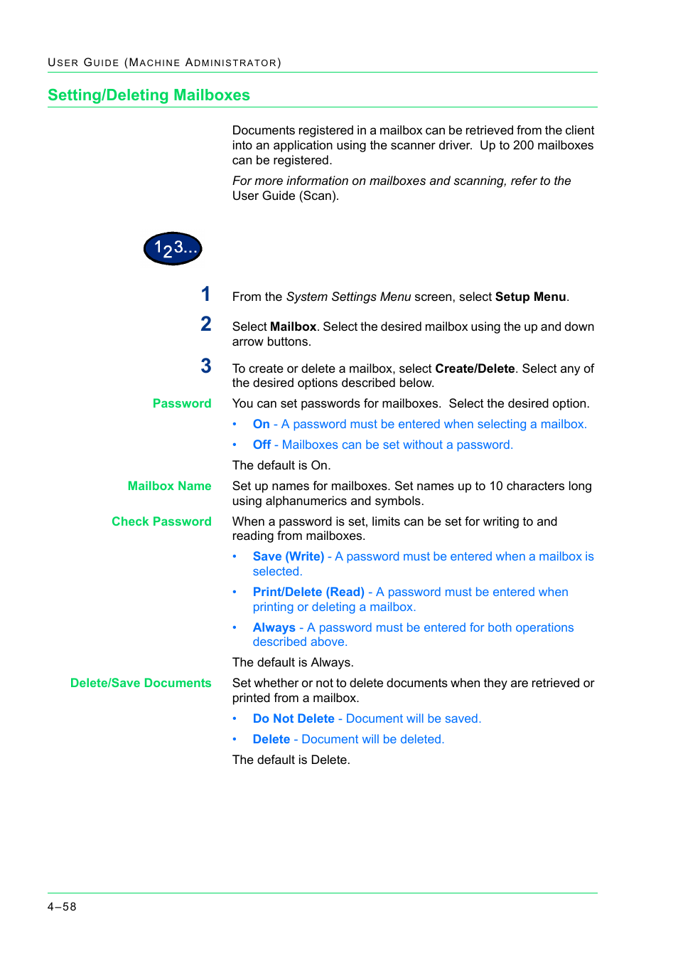 Setting/deleting mailboxes, Setting/deleting mailboxes 4-58, Setting/deleting mailboxes 58 | Xerox WorkCentre M24-2780 User Manual | Page 392 / 441