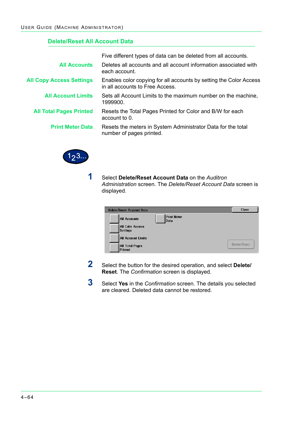 Delete/reset all account data, Delete/reset all account data 4-64, Delete/reset all account data 64 | Xerox WorkCentre M24-2780 User Manual | Page 398 / 441