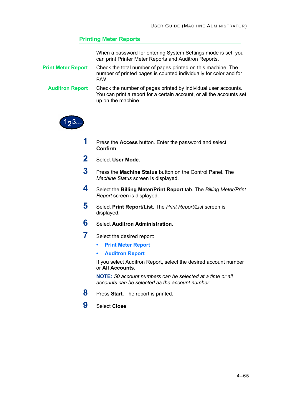 Printing meter reports, Printing meter reports 4-65, Printing meter reports 65 | Xerox WorkCentre M24-2780 User Manual | Page 399 / 441