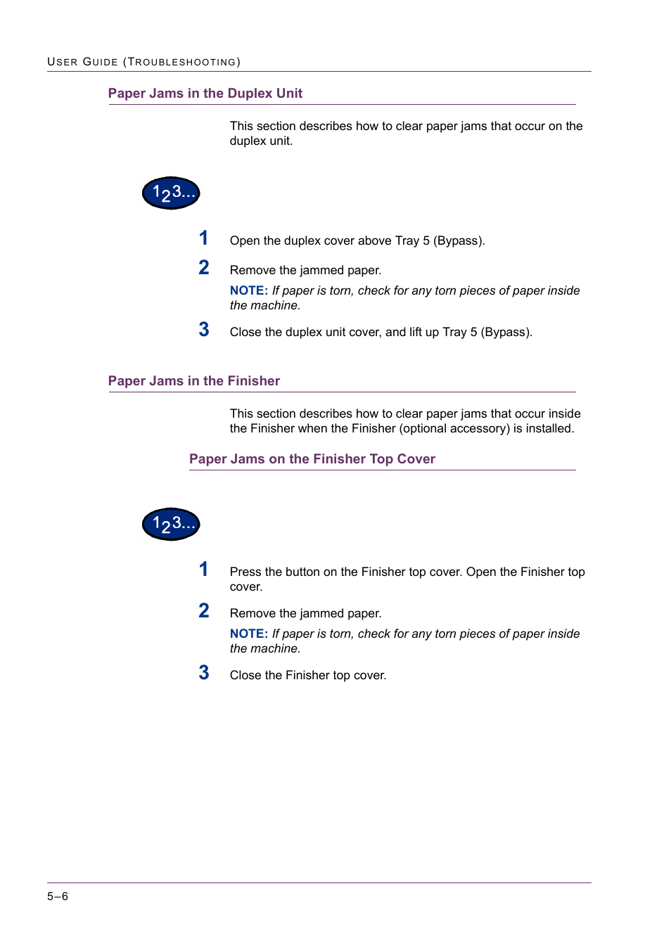 Paper jams in the duplex unit, Paper jams in the finisher, Paper jams on the finisher top cover | Paper jams on the finisher top cover 5-6, Paper jams on the finisher top cover 6 | Xerox WorkCentre M24-2780 User Manual | Page 412 / 441