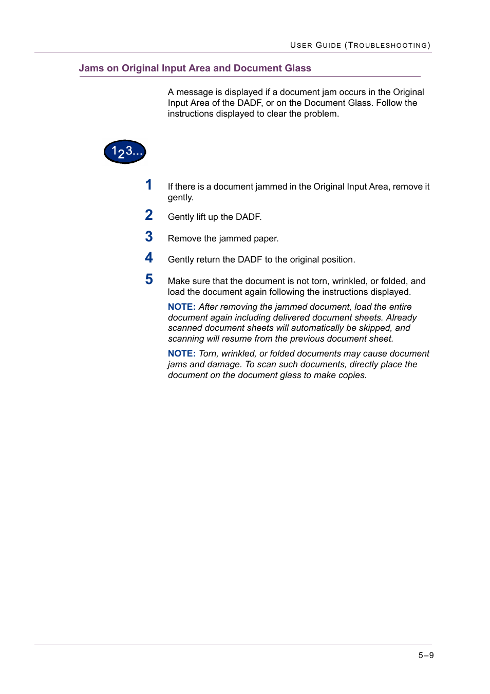 Jams on original input area and document glass, Jams on original input area and document glass 5-9, Jams on original input area and document glass 9 | Xerox WorkCentre M24-2780 User Manual | Page 415 / 441