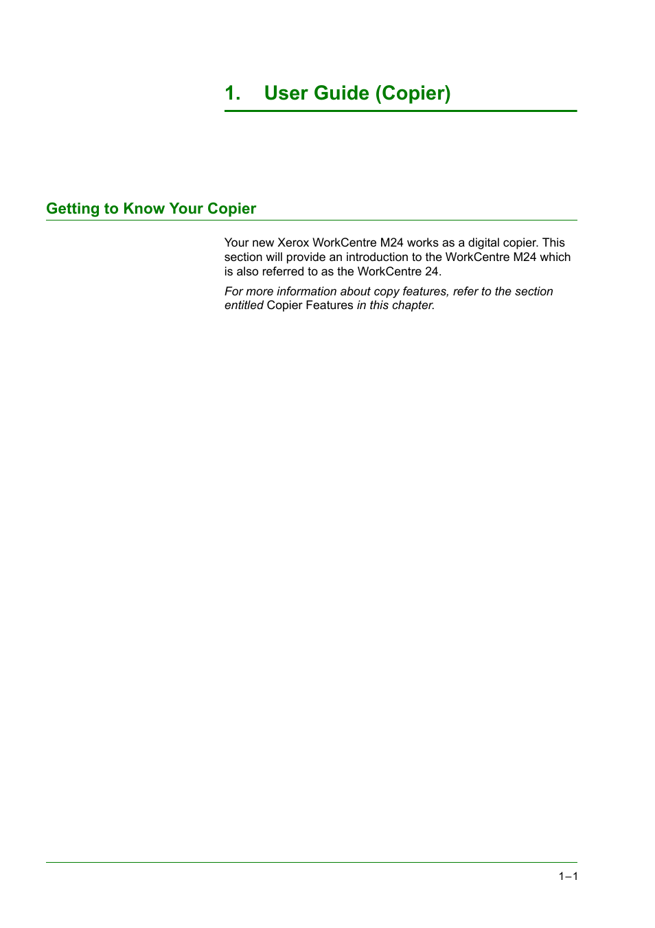 User guide (copier), Getting to know your copier, User guide (copier) 1-1 | Getting to know your copier 1-1, Getting to know your copier 1 | Xerox WorkCentre M24-2780 User Manual | Page 43 / 441