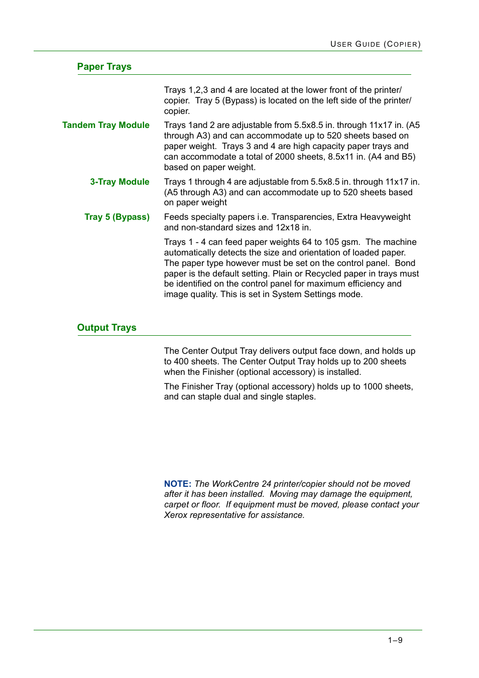 Paper trays, Output trays, Paper trays 1-9 output trays 1-9 | Paper trays 9 output trays 9 | Xerox WorkCentre M24-2780 User Manual | Page 51 / 441