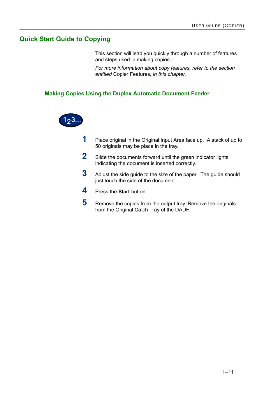 Quick start guide to copying, Quick start guide to copying 1-11, Quick start guide to copying 11 | Xerox WorkCentre M24-2780 User Manual | Page 53 / 441