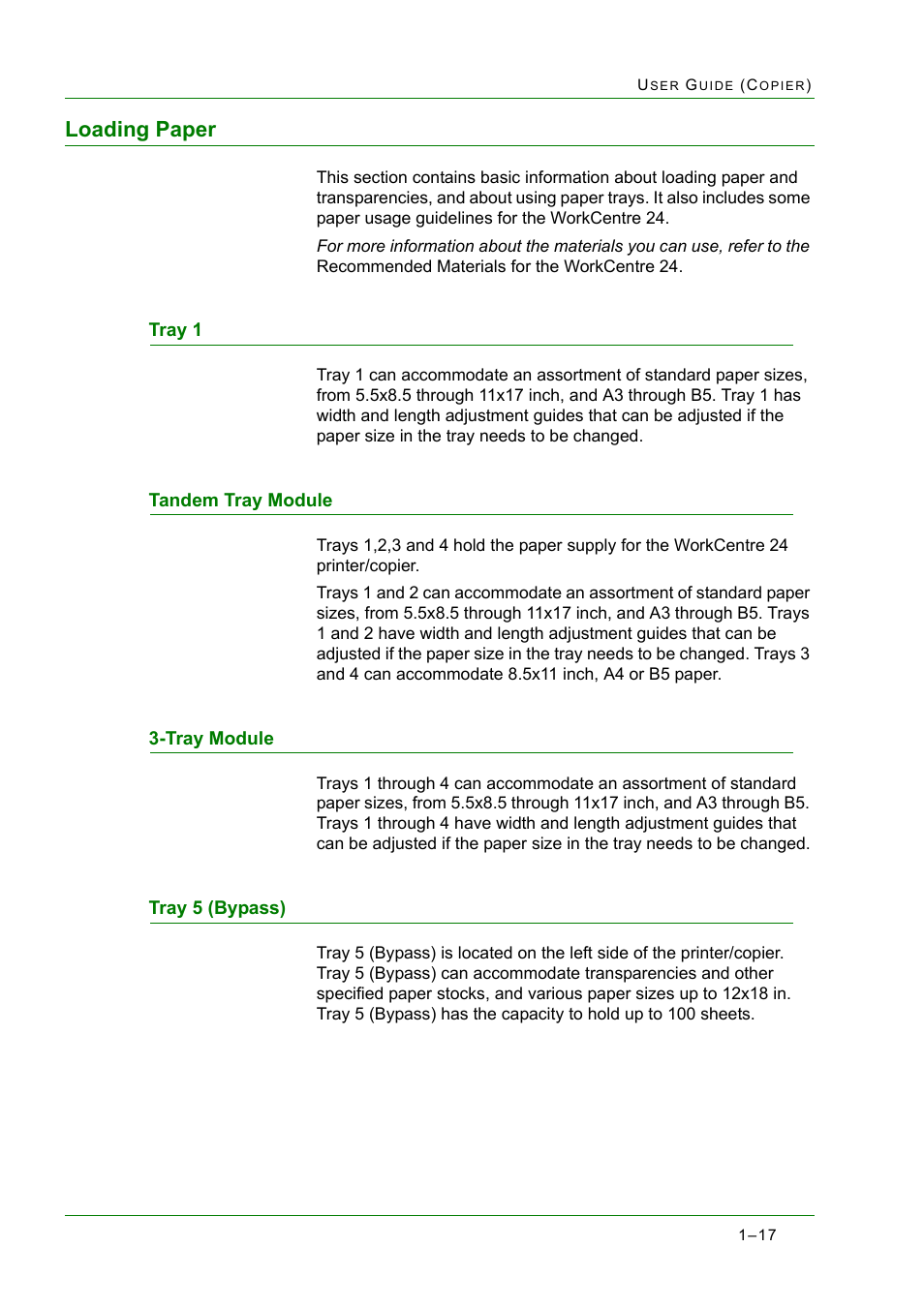 Loading paper, Tray 1, Tandem tray module | Tray module, Tray 5 (bypass), Loading paper 1-17, Loading paper 17 | Xerox WorkCentre M24-2780 User Manual | Page 59 / 441