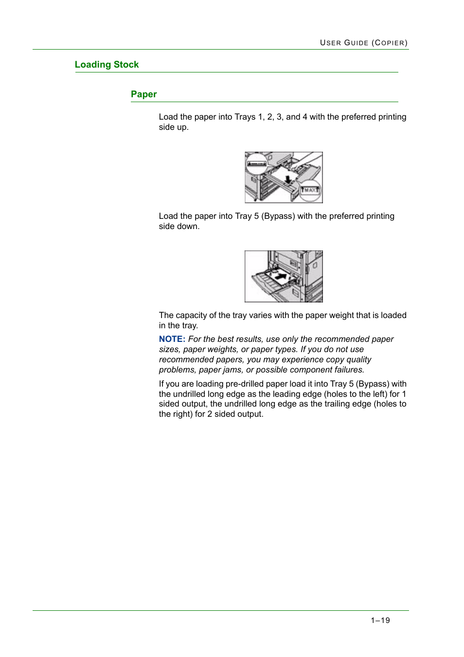 Loading stock, Paper, Loading stock 1-19 | Paper 1-19, Loading stock 19, Paper 19 | Xerox WorkCentre M24-2780 User Manual | Page 61 / 441