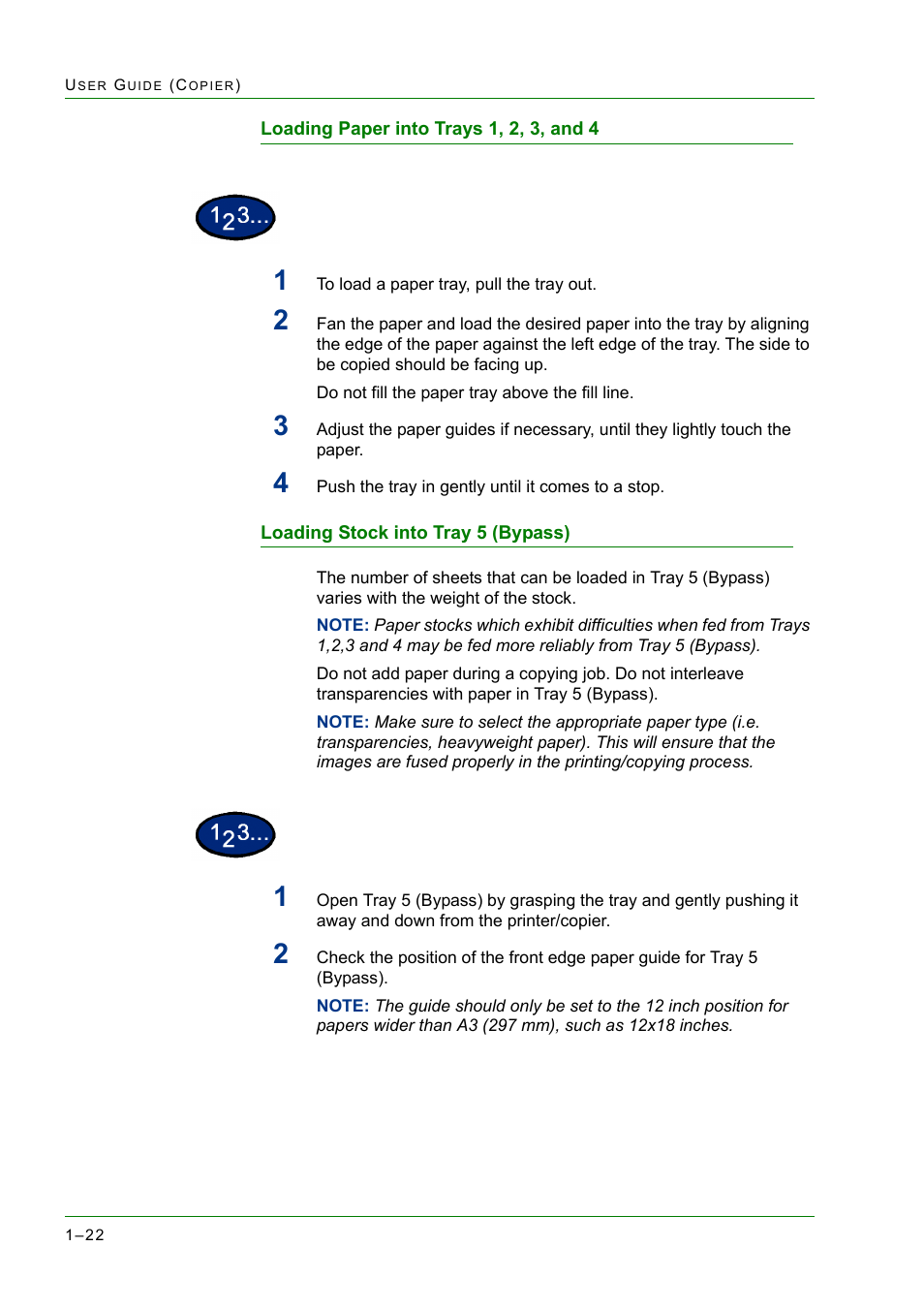 Loading paper into trays 1, 2, 3, and 4, Loading stock into tray 5 (bypass) | Xerox WorkCentre M24-2780 User Manual | Page 64 / 441