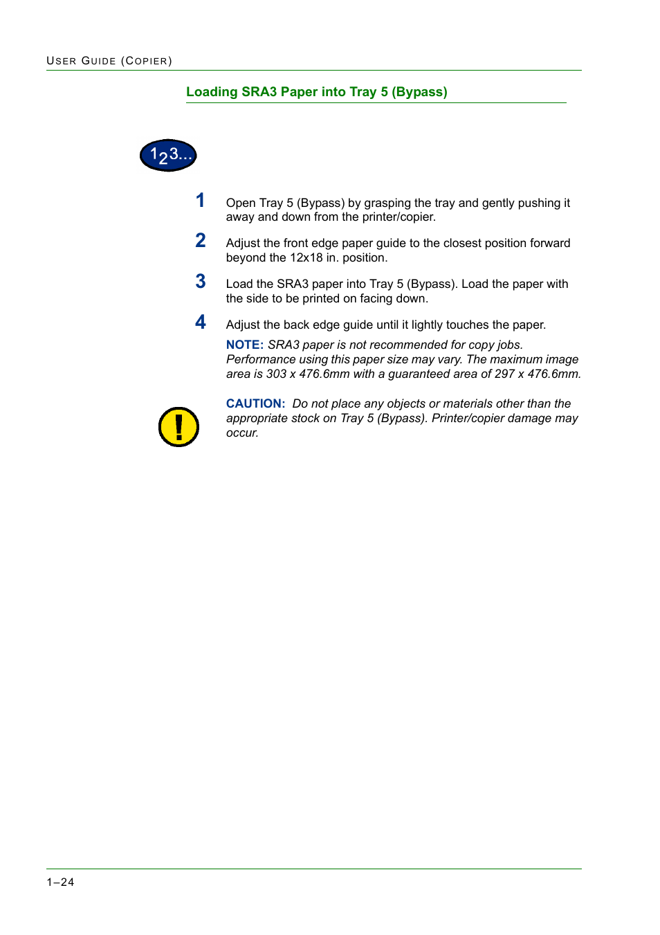 Loading sra3 paper into tray 5 (bypass), Loading sra3 paper into tray 5 (bypass) 1-24, Loading sra3 paper into tray 5 (bypass) 24 | Xerox WorkCentre M24-2780 User Manual | Page 66 / 441