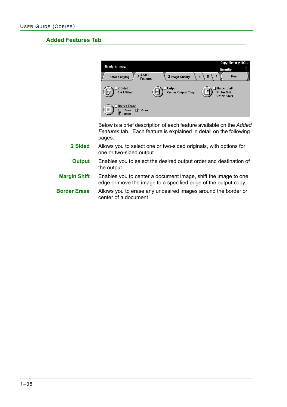 Added features tab, Added features tab 1-38, Added features tab 38 | Xerox WorkCentre M24-2780 User Manual | Page 80 / 441