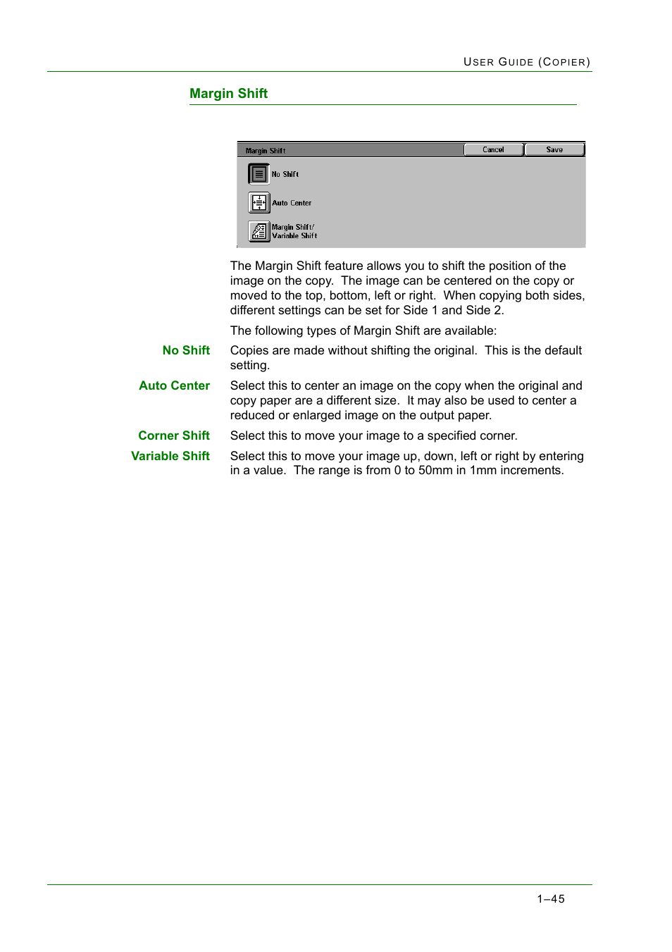 Margin shift, Margin shift 1-45, Margin shift 45 | Xerox WorkCentre M24-2780 User Manual | Page 87 / 441