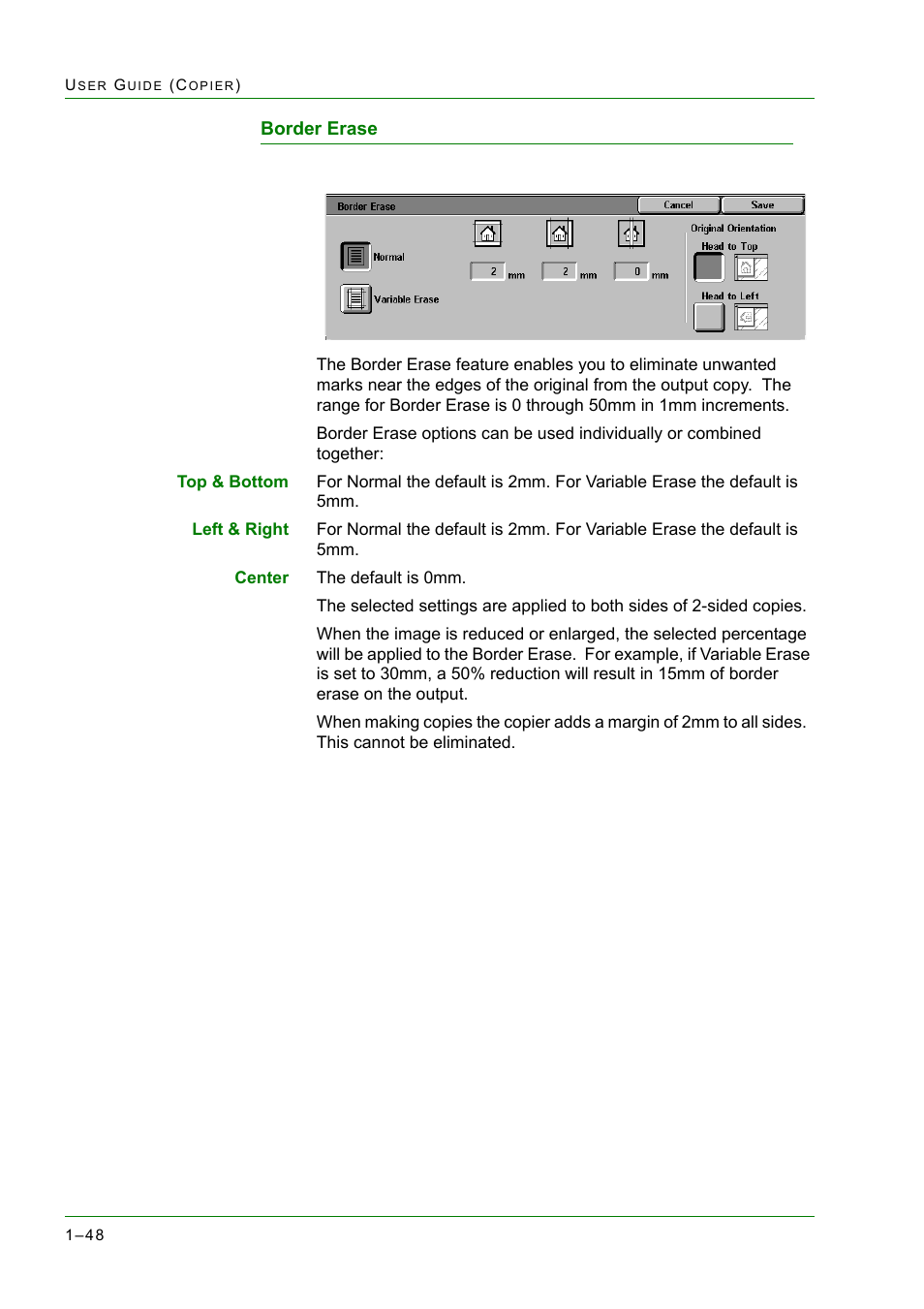 Border erase, Border erase 1-48, Border erase 48 | Xerox WorkCentre M24-2780 User Manual | Page 90 / 441