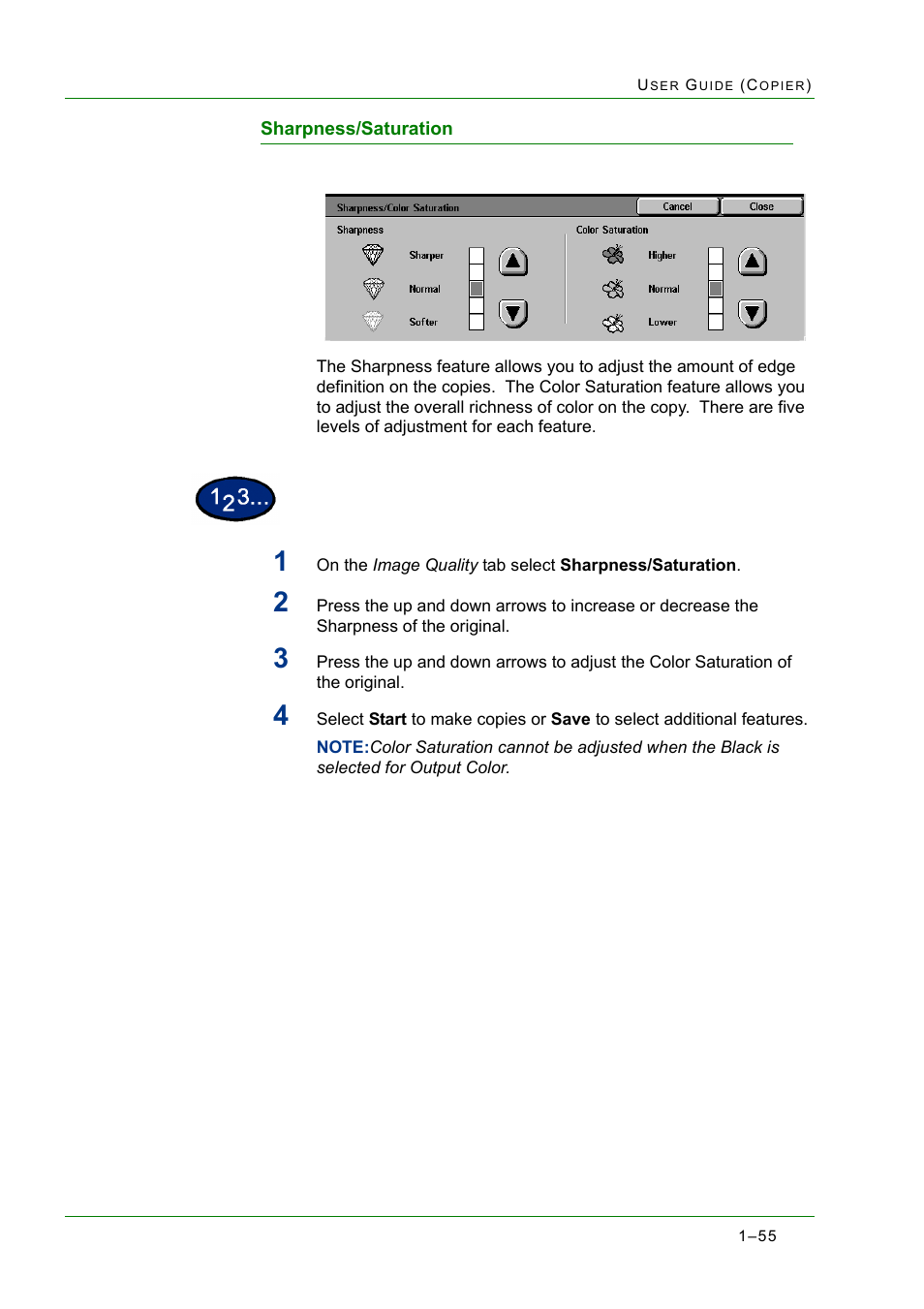 Sharpness/saturation, Sharpness/saturation 1-55, Sharpness/saturation 55 | Xerox WorkCentre M24-2780 User Manual | Page 97 / 441