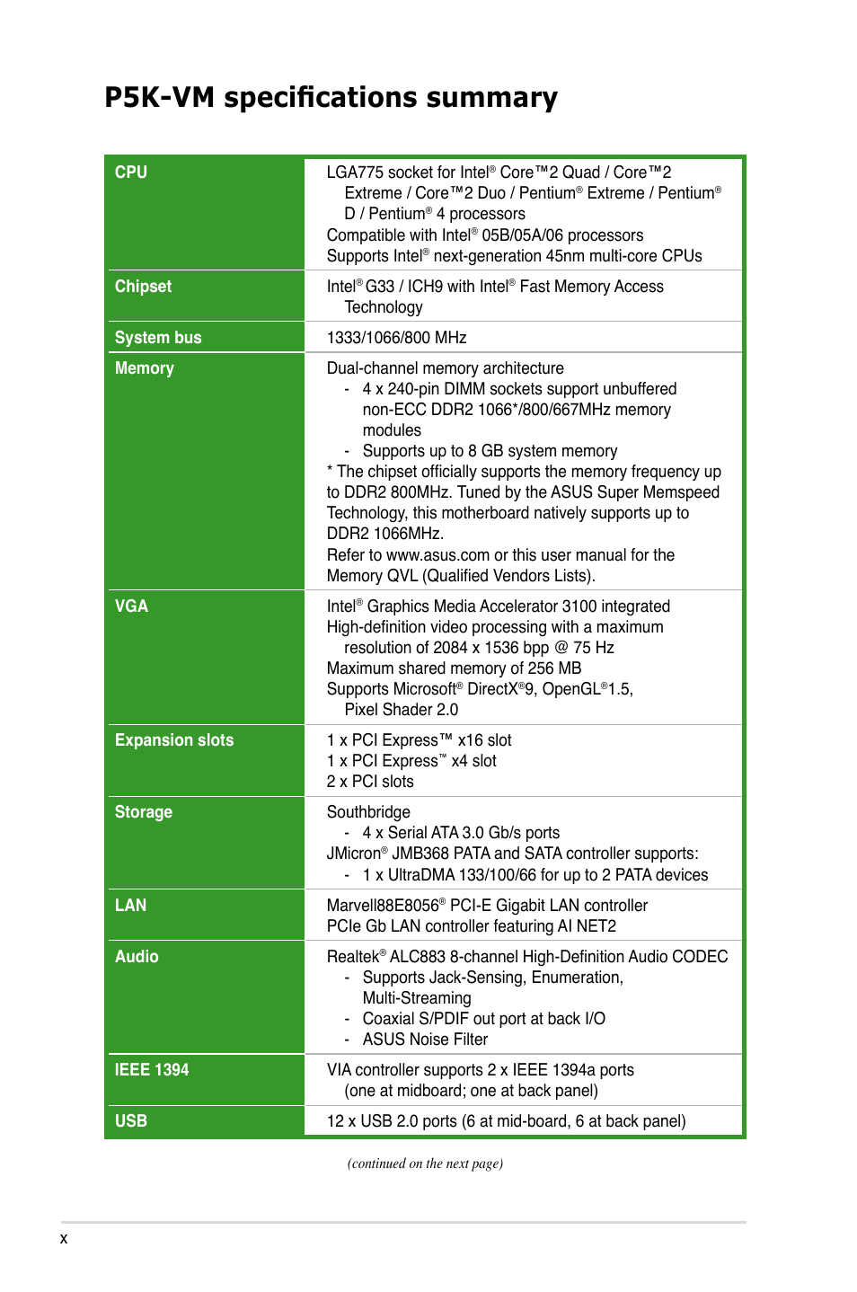 P5k-vm specifications summary | Asus P5K-VM User Manual | Page 10 / 98