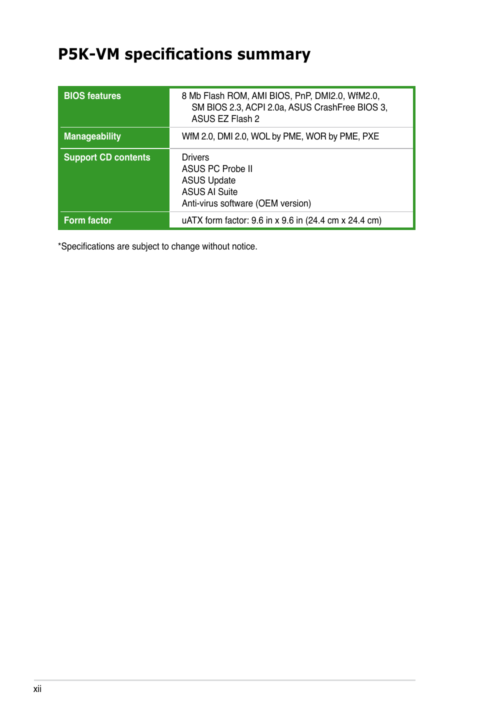 P5k-vm specifications summary | Asus P5K-VM User Manual | Page 12 / 98