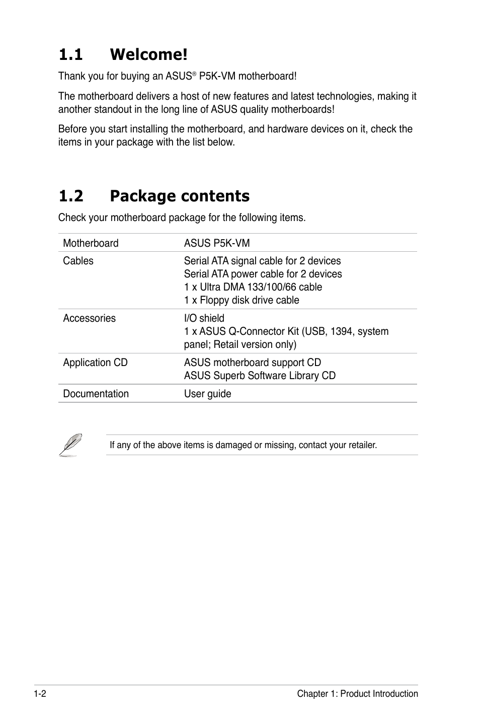 1 welcome, 2 package contents | Asus P5K-VM User Manual | Page 14 / 98